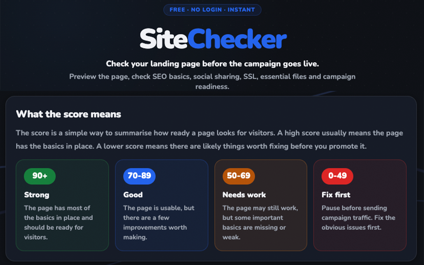 Screenshot of the Site Checker section showing where to check a landing page before a campaign goes live.