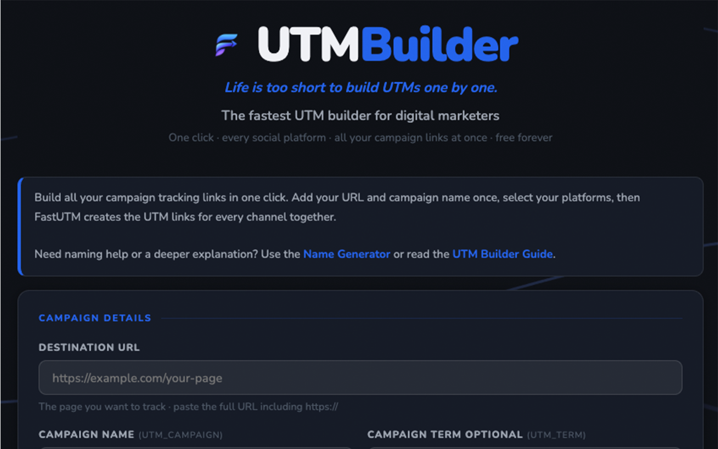 Screenshot of the UTM Builder section showing campaign details, platform choices and generated tracking links.